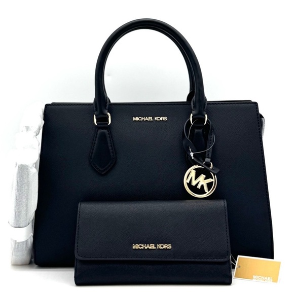 Michael Kors Sheila Medium Satchel Bag & Large Trifold Wallet Black/Gold - Picture 1 of 14